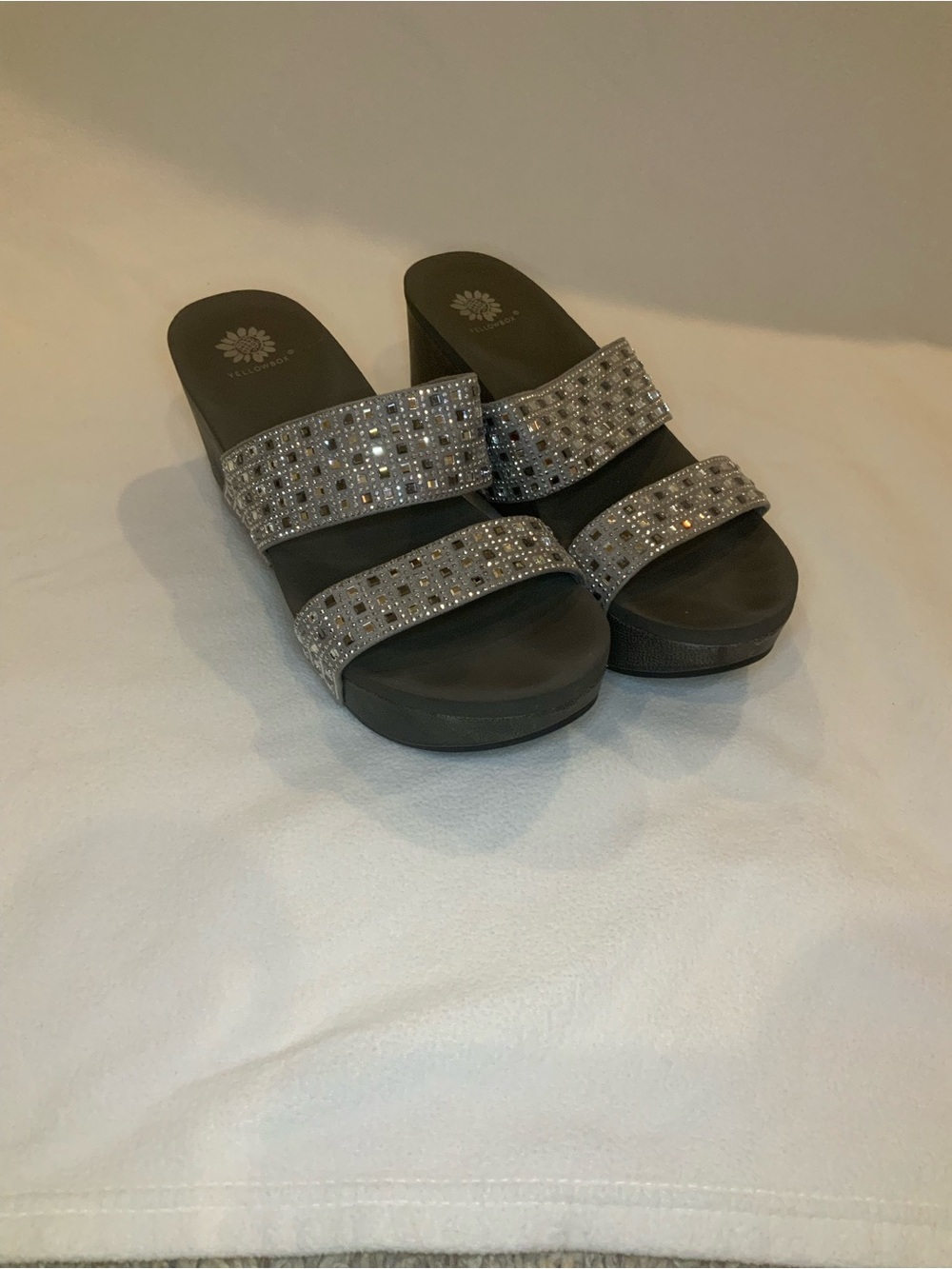 Embellished Yellow Box Gray Slide Sandals - Ladies Sparkle Dual-Strap